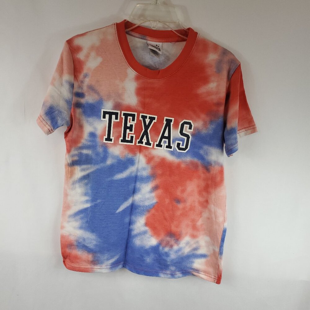 Creative Apparel Concepts Tie Dye Orange Blue White TEXAS Print Shrt Slv Tee S